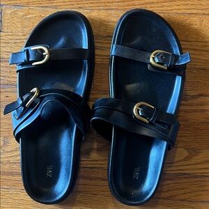 Zara Black Slide Sandals with Gold Buckles - Double Strap